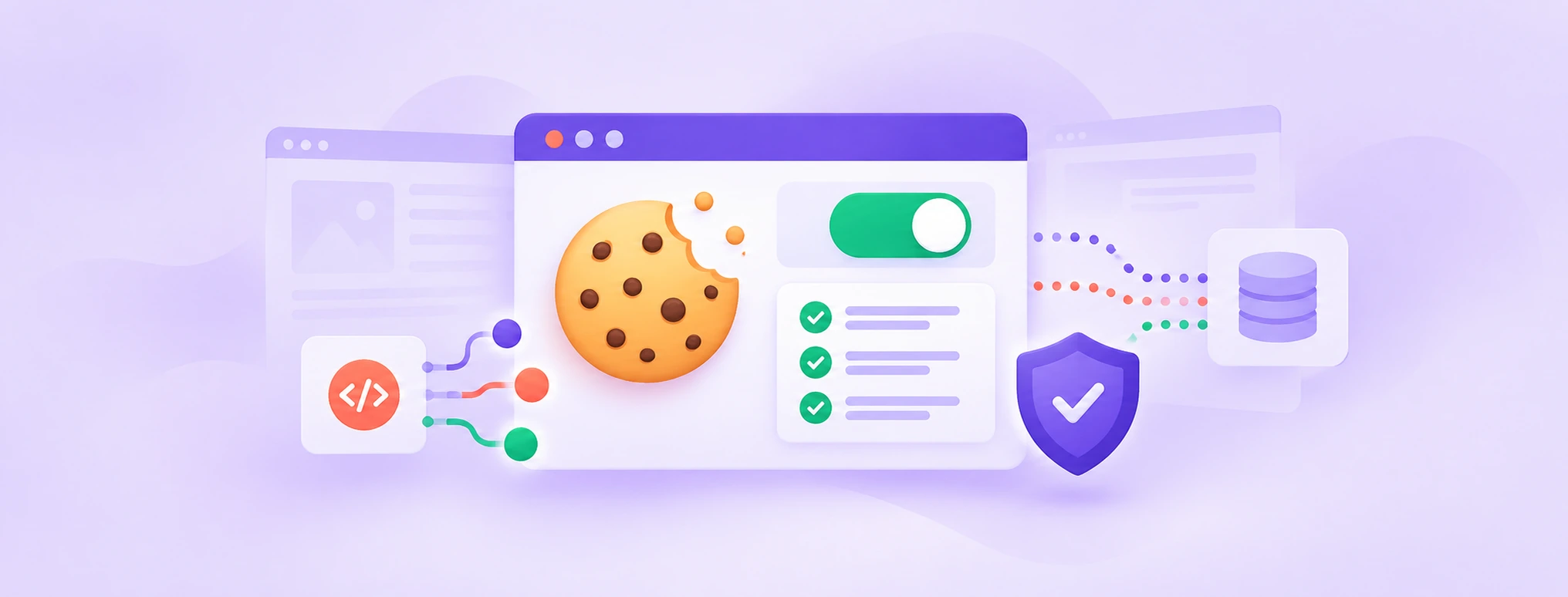 A browser dashboard shows a cookie, consent toggle, script connections, checklist and privacy shield for a UK website cookie audit.