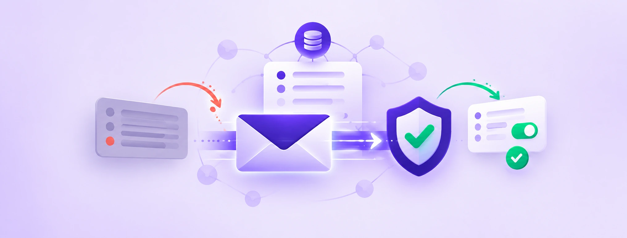 An email passes through a DNS policy record into a verified shield, illustrating a DMARC record audit.