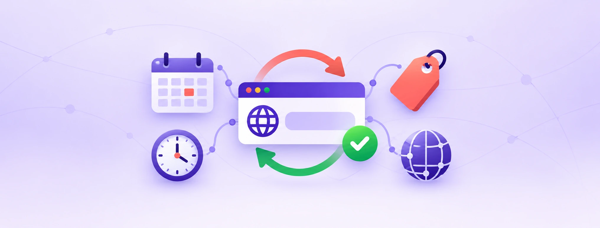 A domain record connects to a calendar, clock, renewal arrows and price tag with a green verification check.