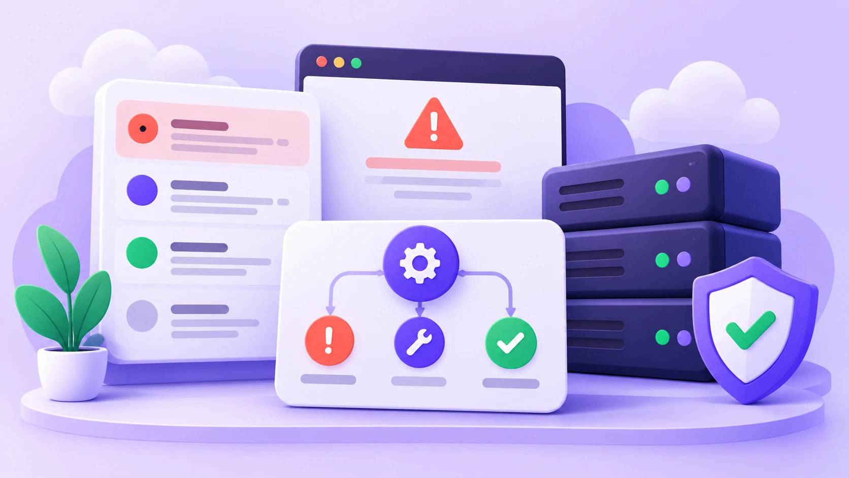 A support inbox, browser warning, server stack and shield illustrate proposed uses of decision AI in a hosting workspace.