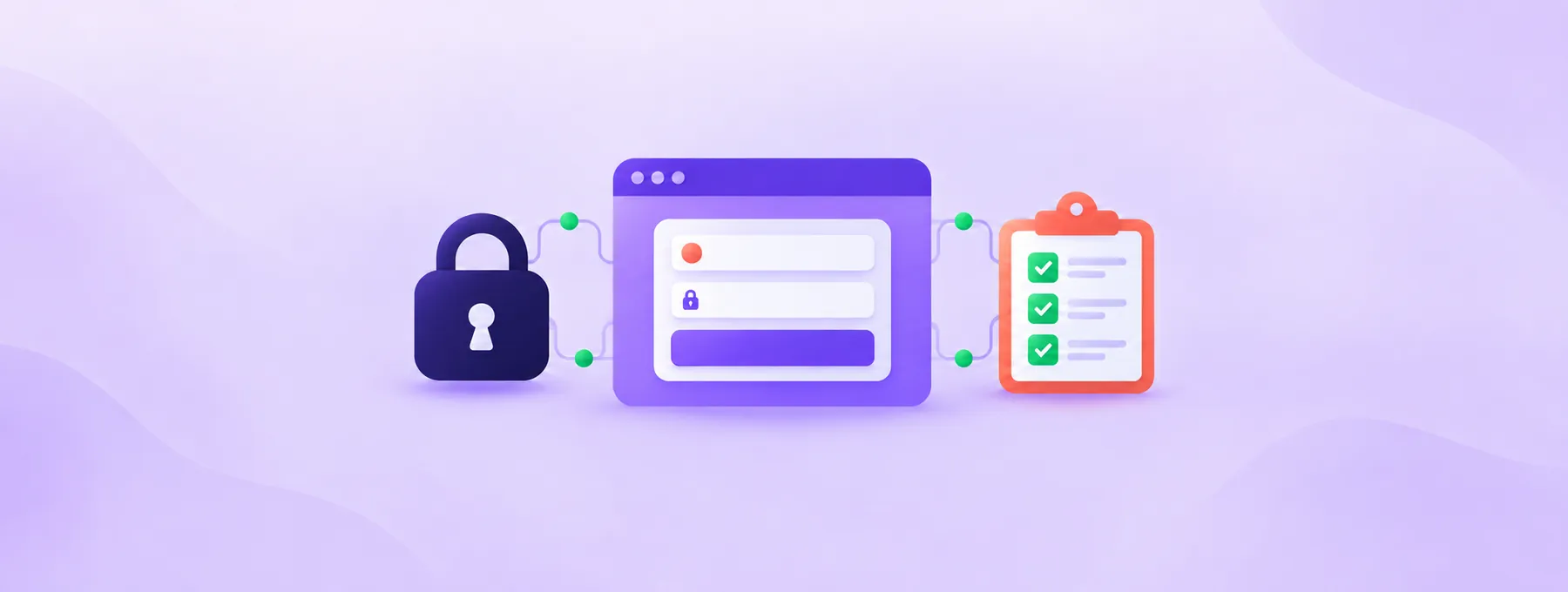 A website form connects to a navy padlock and coral checklist, with small green dots representing protected data.