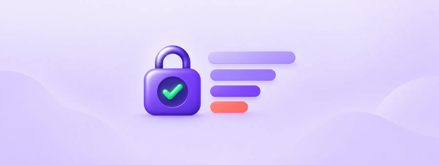 A purple padlock with a green check beside four bars that become shorter, with the shortest bar in coral.