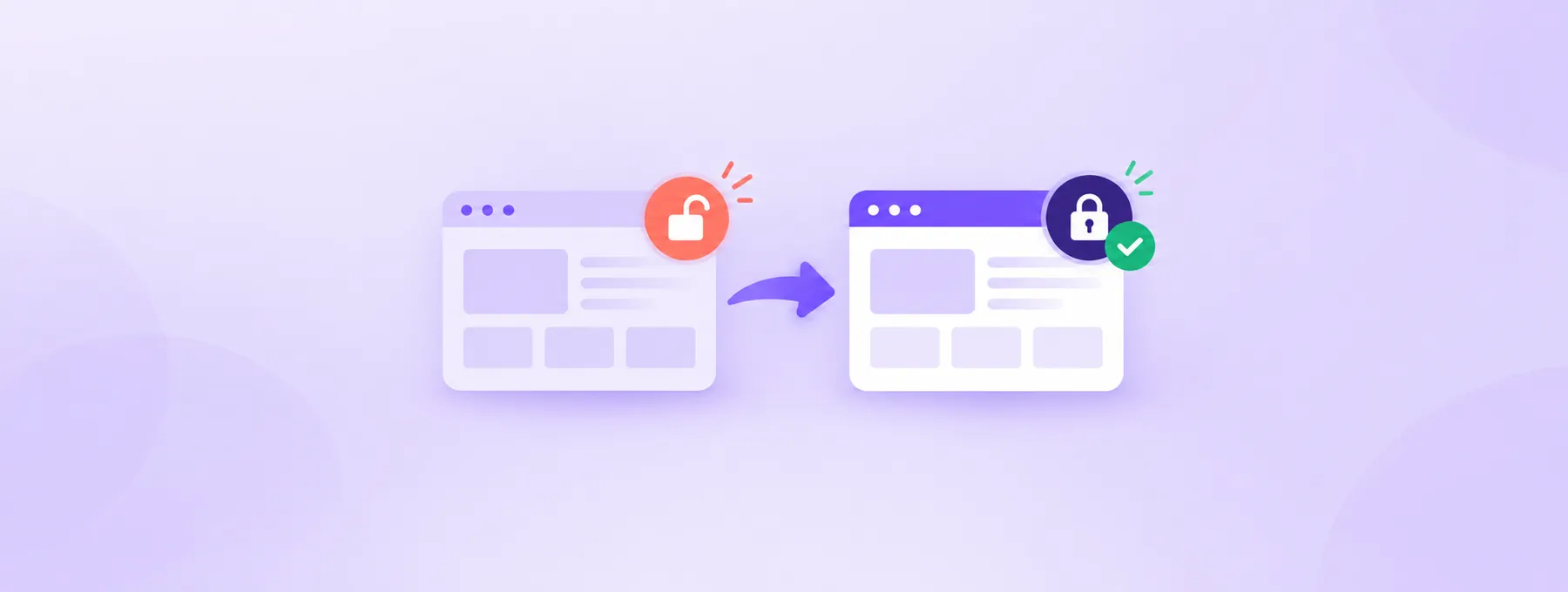 An arrow connects a website card with an open coral padlock to another with a closed padlock and green check.