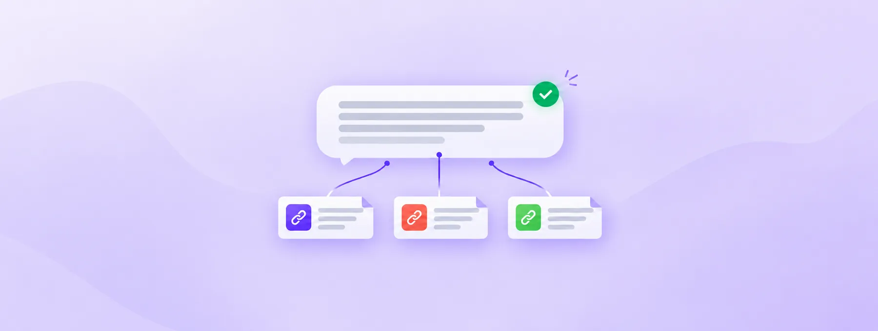 Three document cards with link icons connect to a chat answer window with a green check badge.