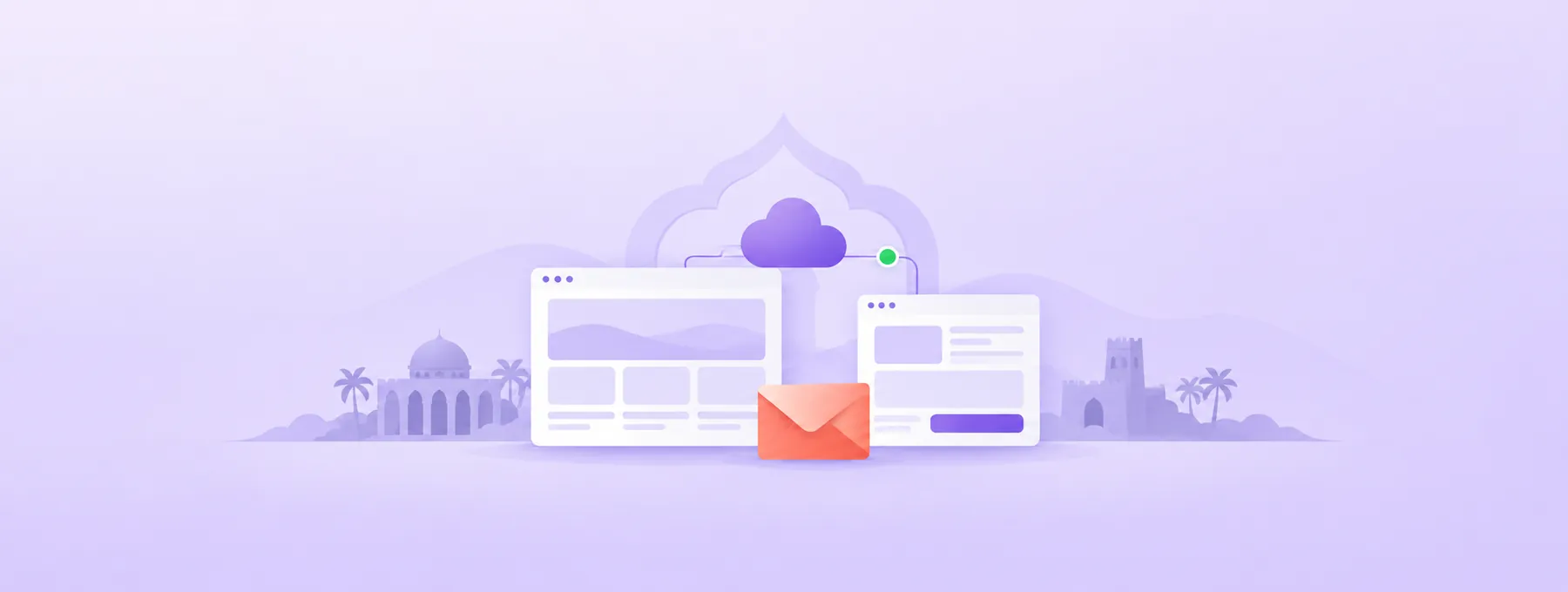 Two website layout cards and an enquiry envelope sit before an abstract architectural arch.