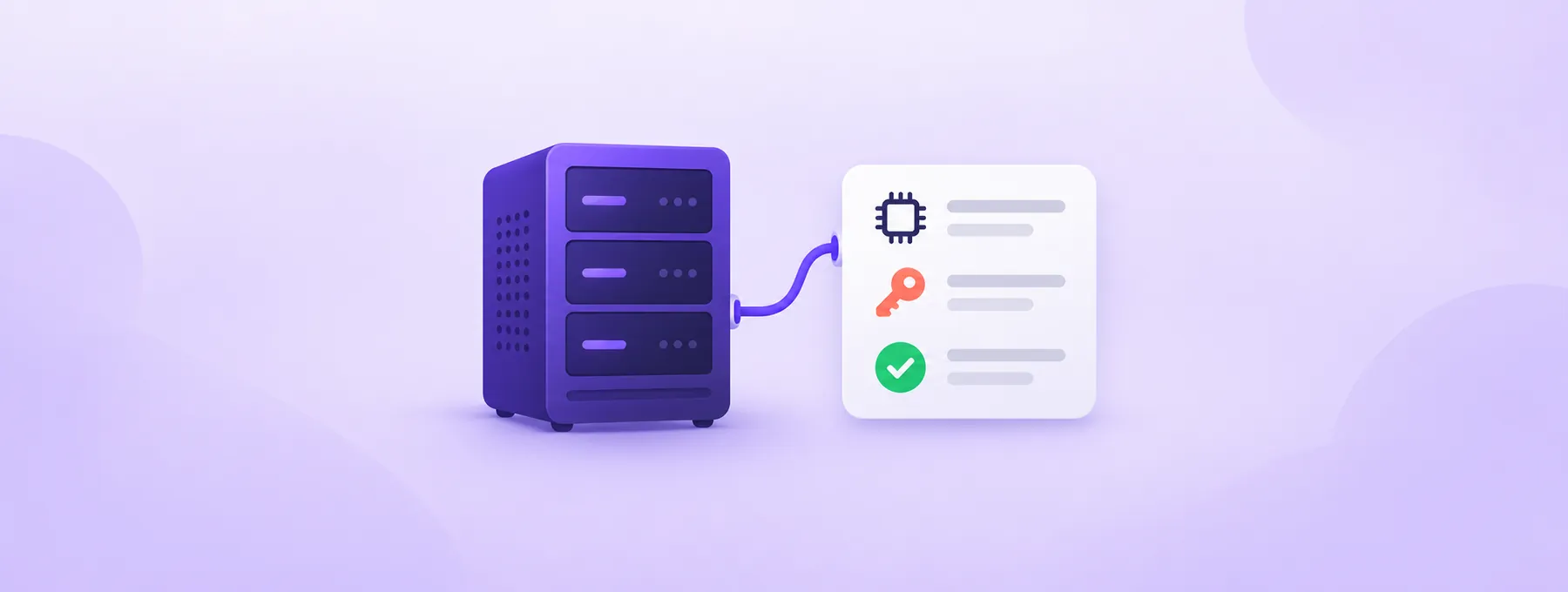 A purple VPS server connects to a checklist panel with microchip, key and check icons.