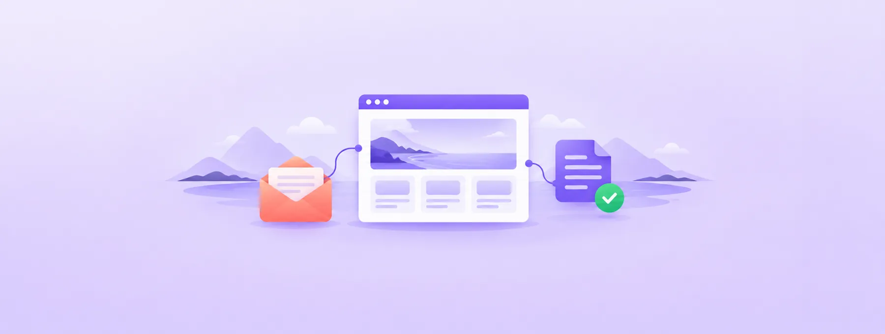 A website card, document and enquiry envelope connect in front of an abstract mountain coastline.