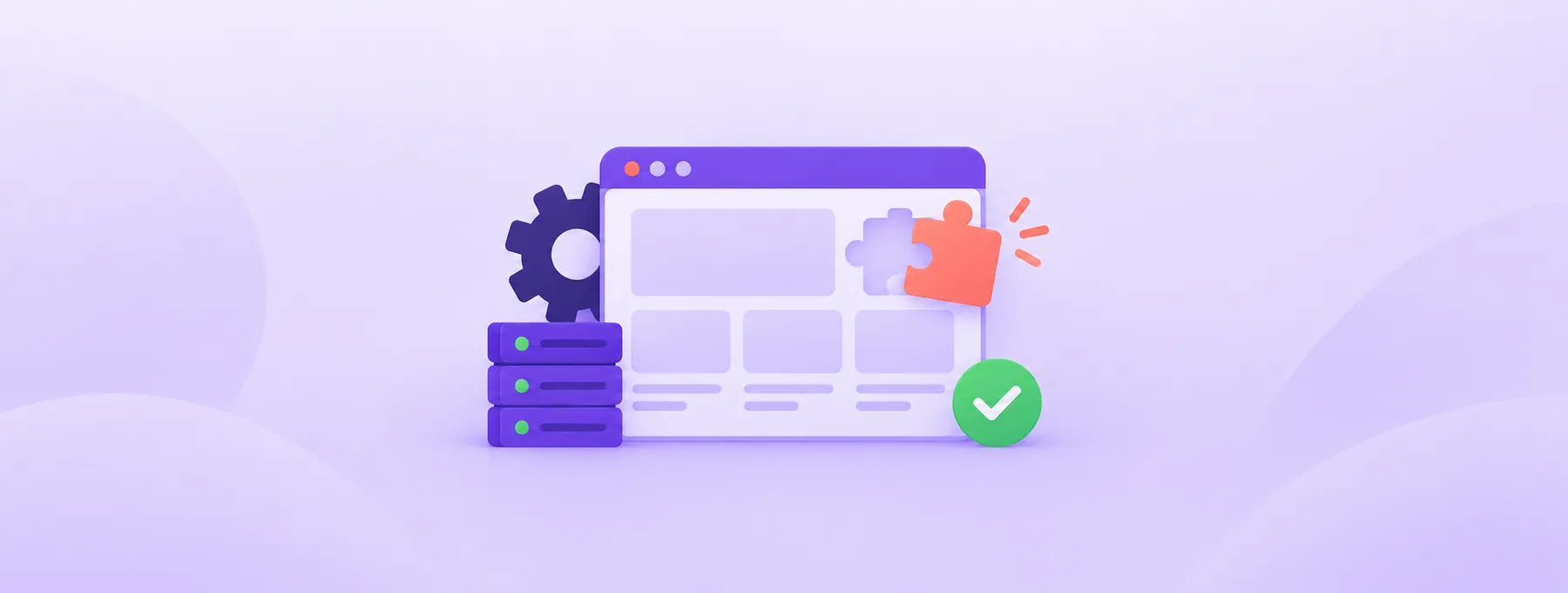 A puzzle piece fits into a website installer window beside a gear, server and green completion check.
