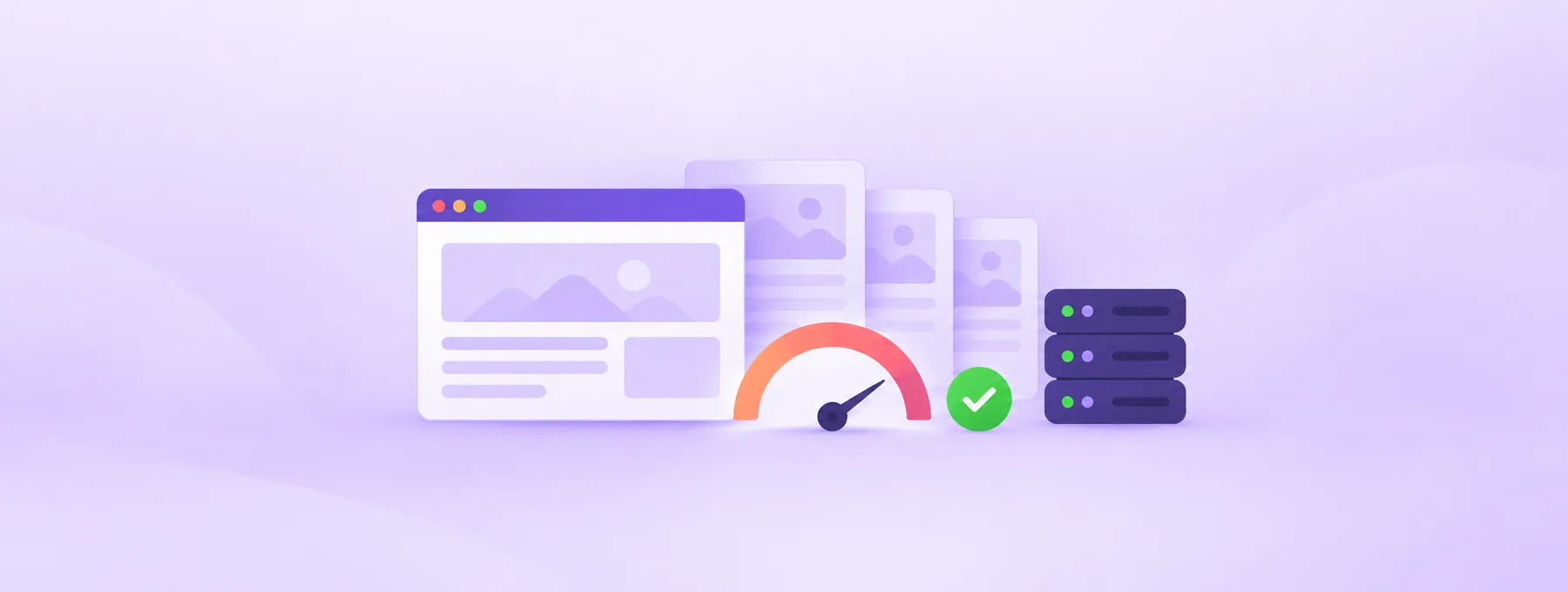 Cached page cards sit between a website window and a server, with a small speedometer and green check.