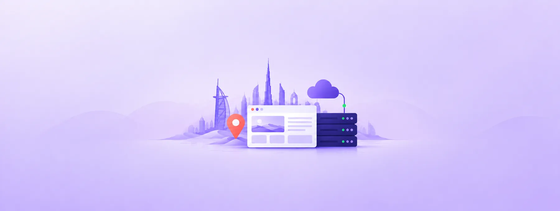 An abstract UAE-inspired skyline sits behind a website window, cloud and connected server.