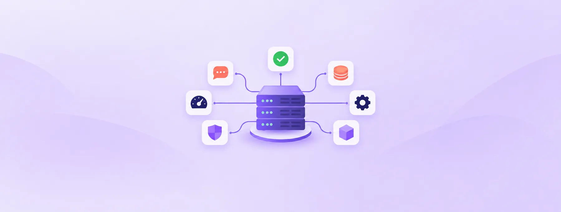 Seven icon tiles for hosting workflows connect to a central server, including an approval check.
