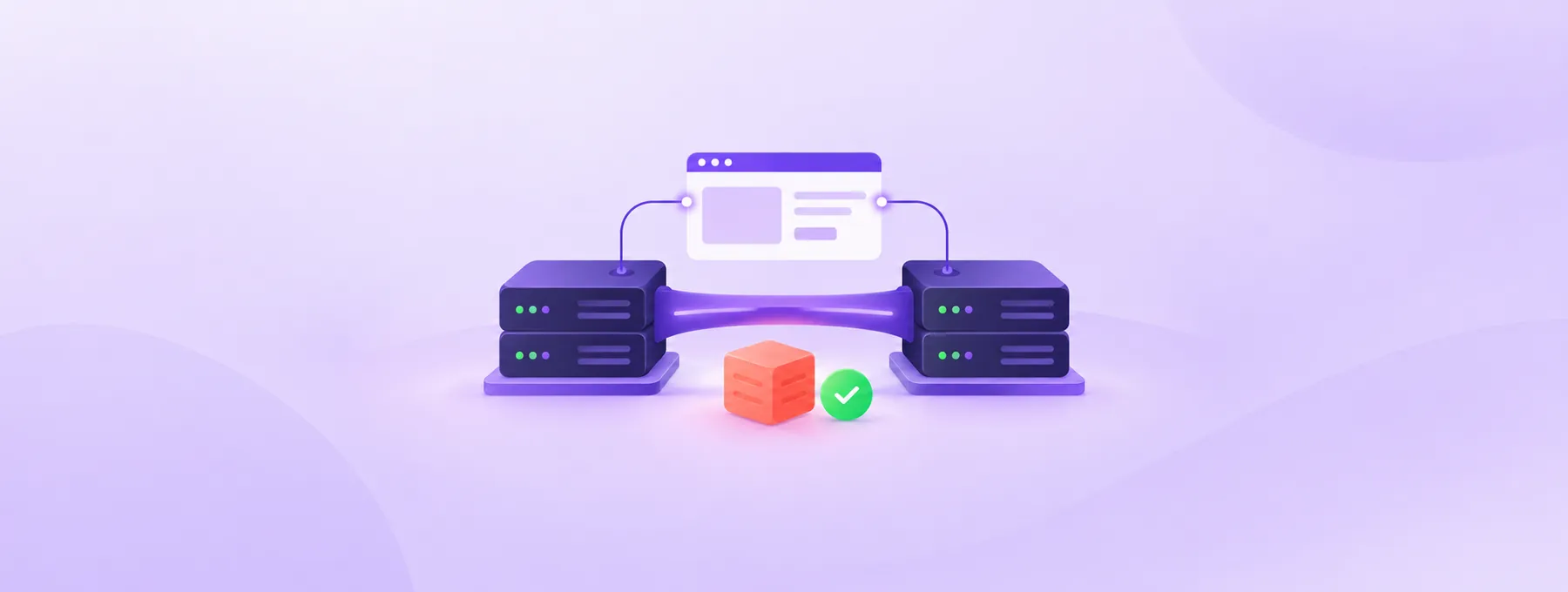 Two server platforms connect across a bridge beneath a website window, with a backup cube below.