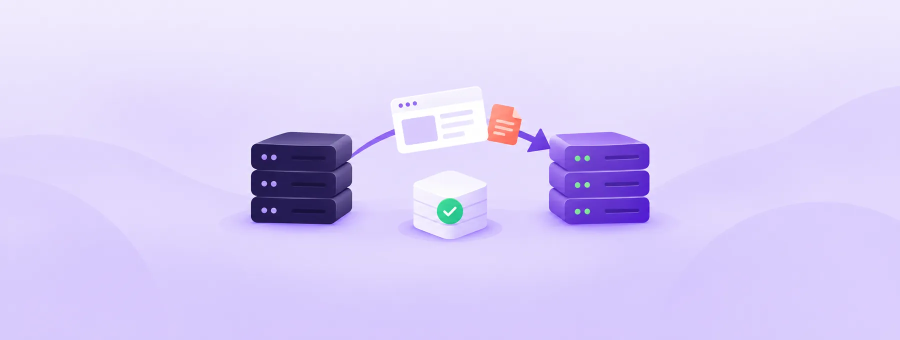 A website card and file move between two servers above a separate backup cube with a green check.