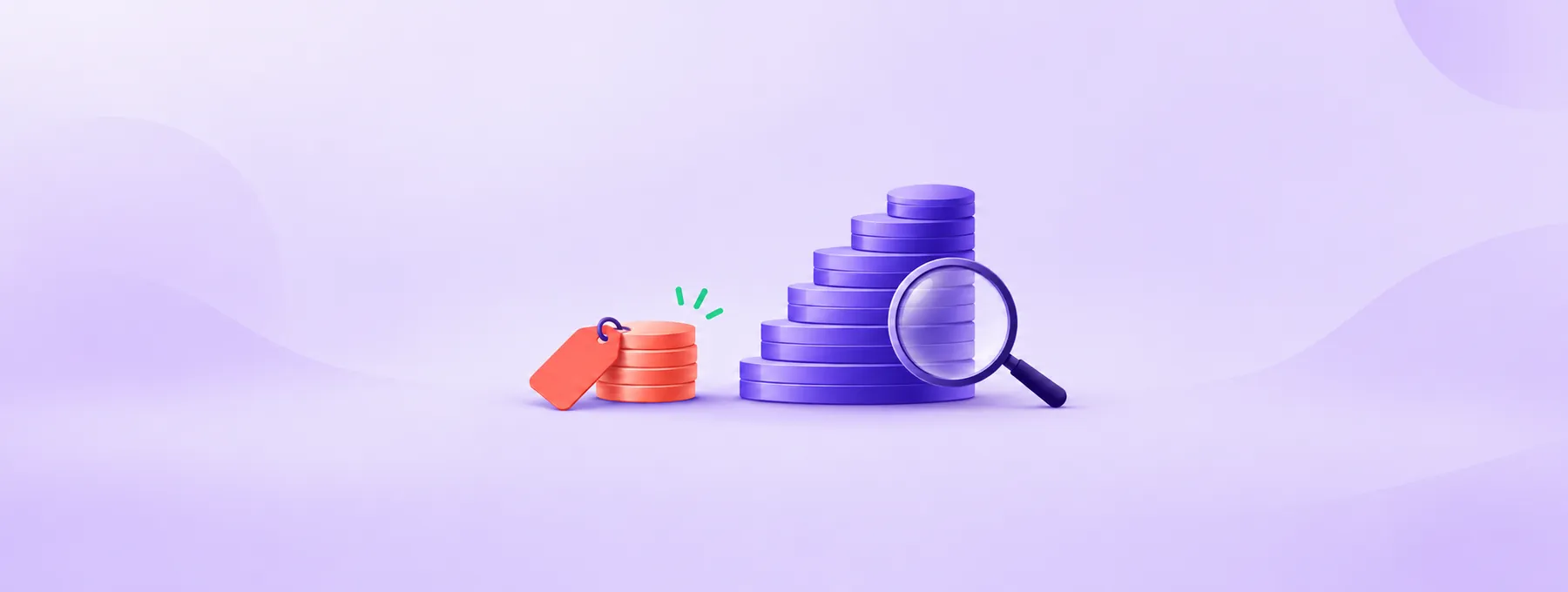 A small coin stack with a blank coral tag beside larger purple coin stacks arranged as steps and a magnifying glass.