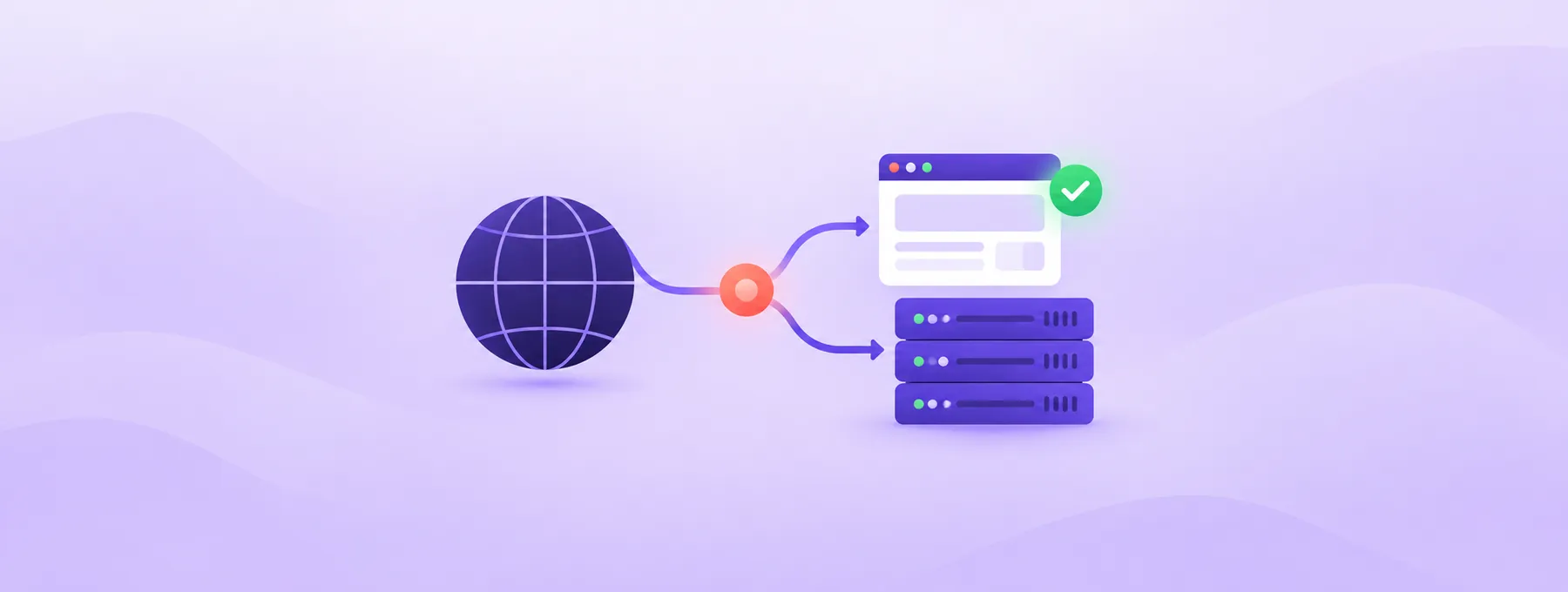A grid globe connects through a routing node to a website window and hosting server.