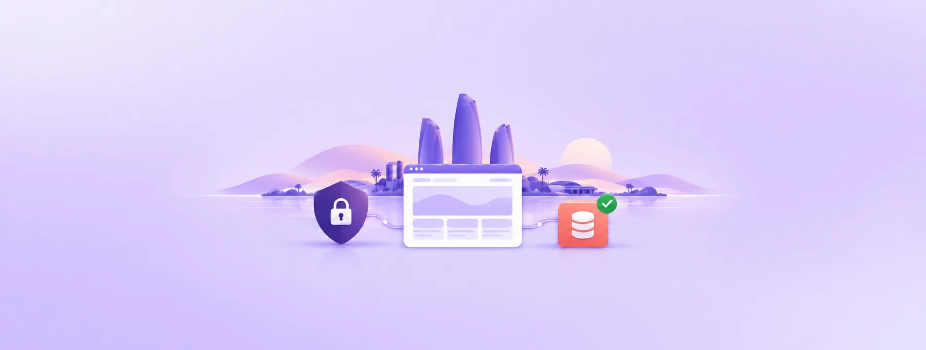 A website card connects to a protective shield and backup cube in front of a coastal skyline.