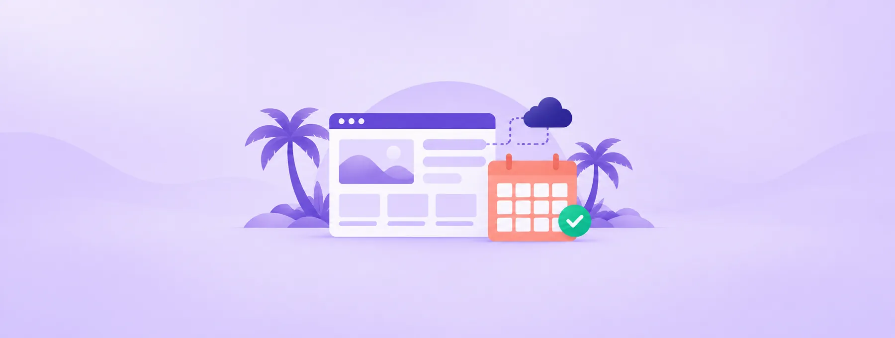 A website window and blank booking calendar sit before an abstract palm-and-arch oasis scene.
