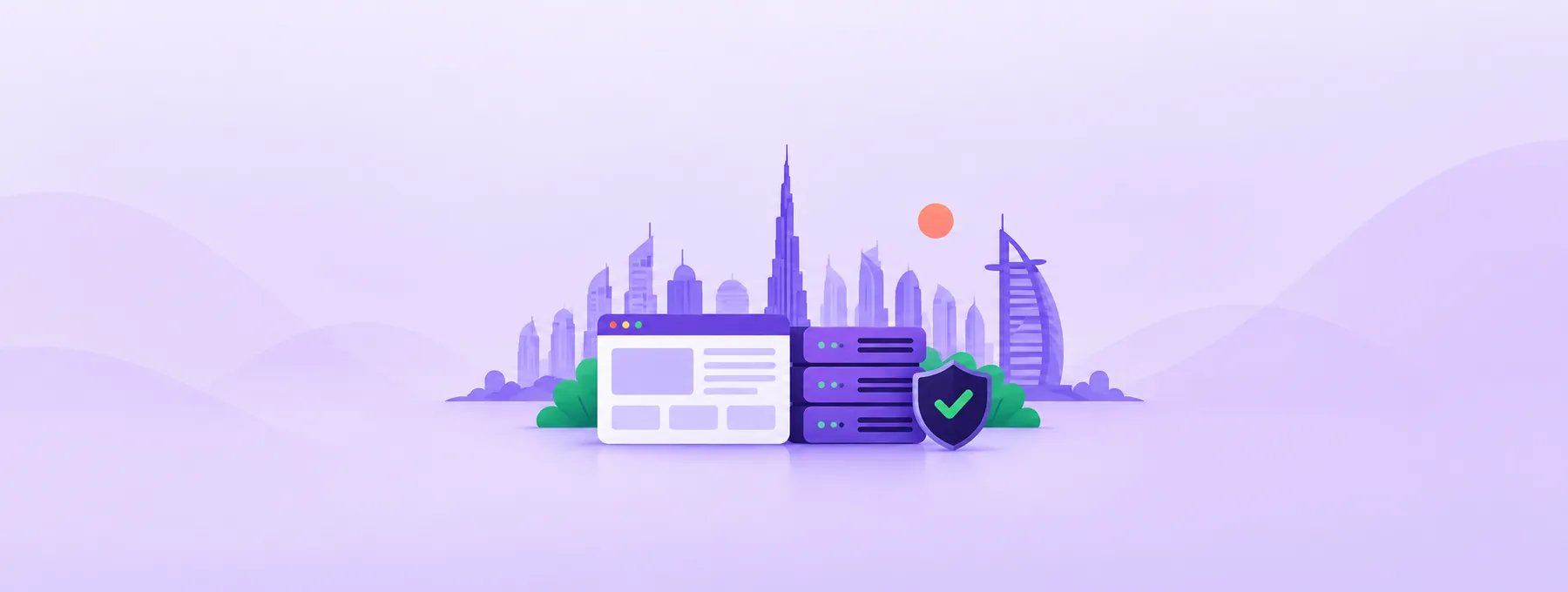 A Dubai-inspired skyline stands behind a website window, server and protective shield.