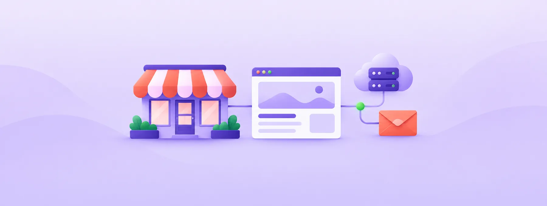An abstract storefront connects to a website card, cloud server and enquiry envelope.