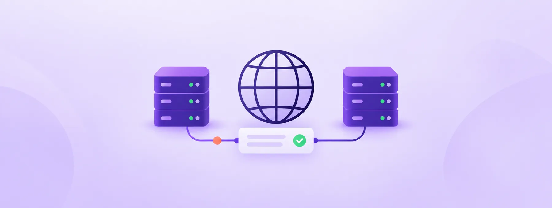 A grid globe and blank record card connect to two purple nameserver towers.