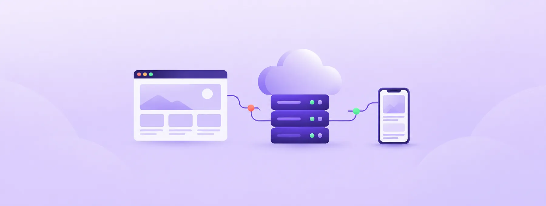 A website window and smartphone connect through a cloud to a purple hosting server.
