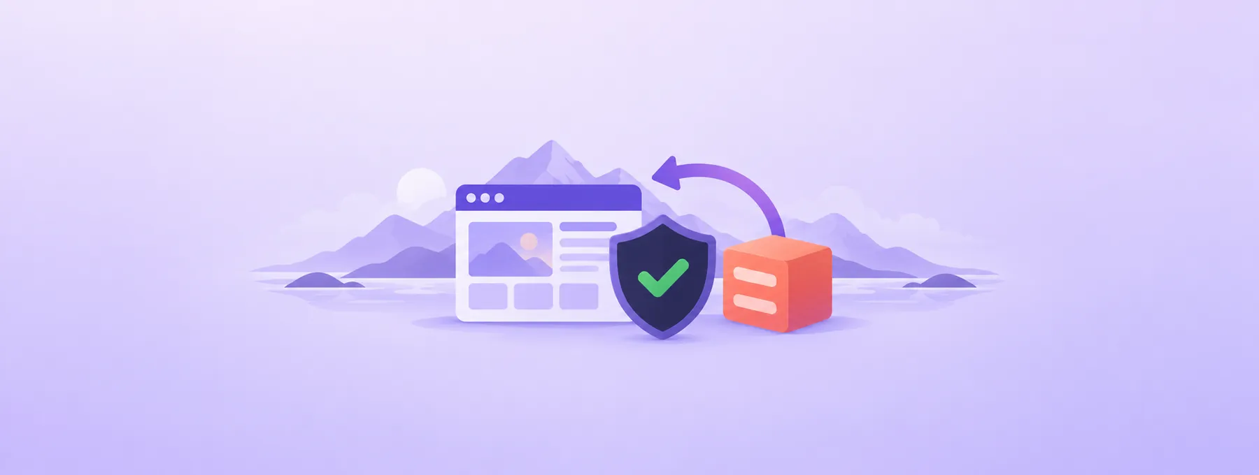 A protected website and backup cube connect with a recovery arrow before an abstract mountain coastline.