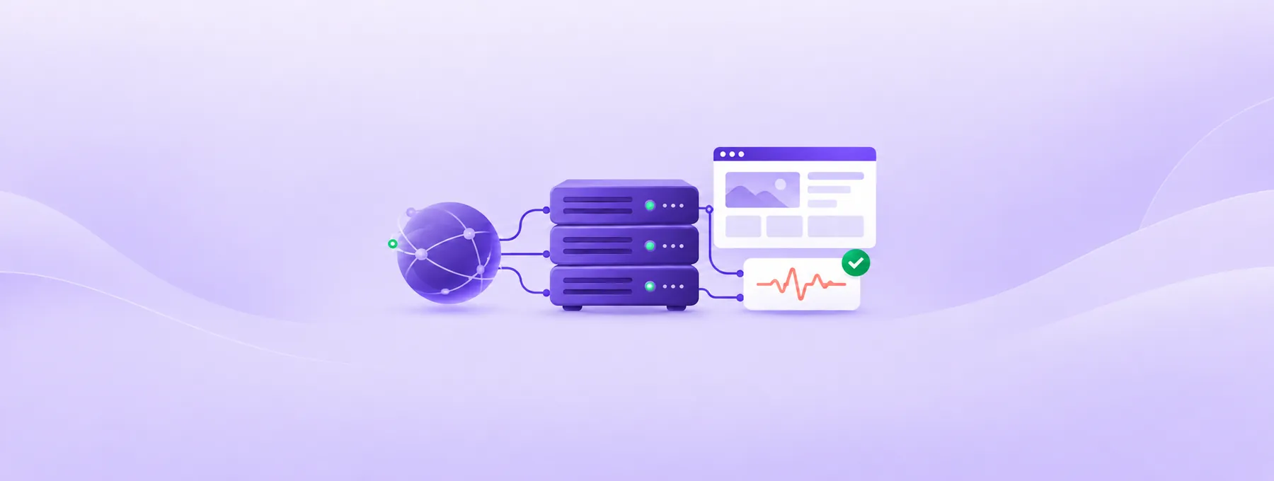 A purple analysis orb connects a server stack, website window, monitoring card and green approval check.