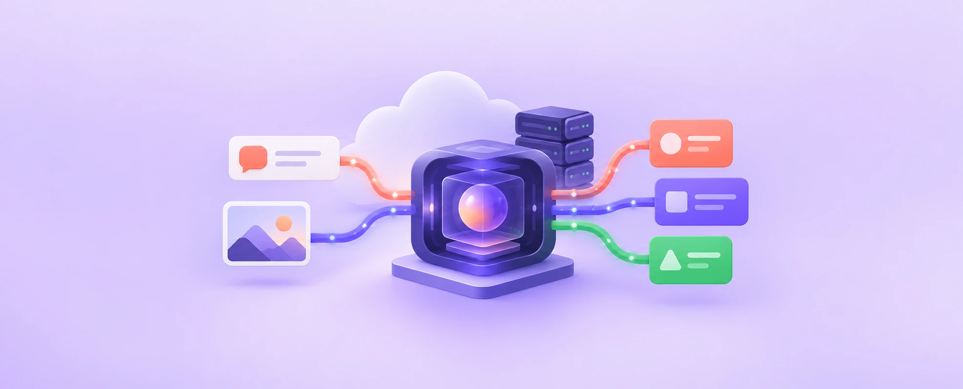 A support message and image enter a purple decision core, which produces three bounded output tiles beside a cloud and servers.