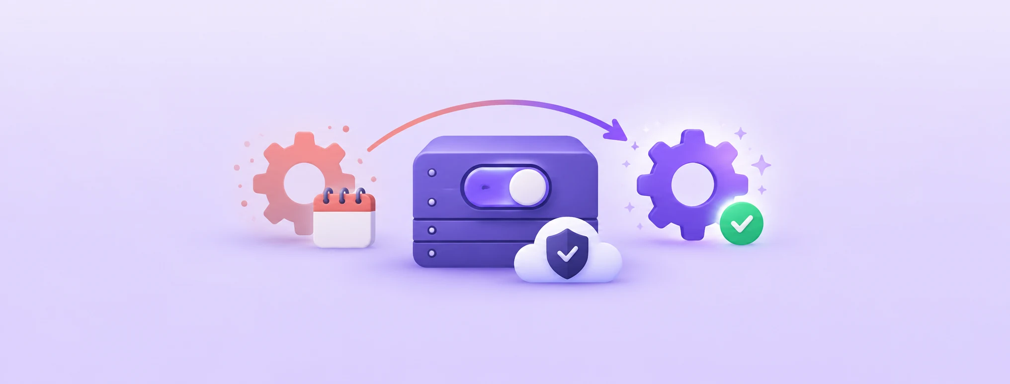 A purple server with a toggle switch moving from a faded old cog to a bright new cog with a green check, illustrating a safe PHP version upgrade.