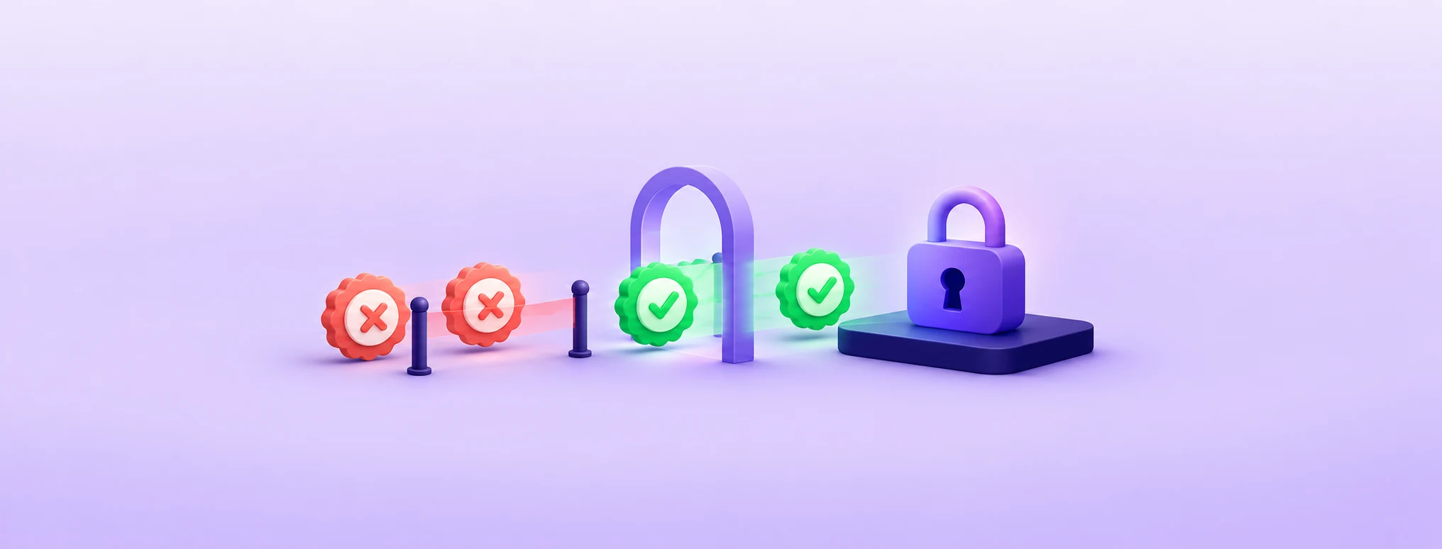 A purple padlock behind a gateway where two approved certificate stamps pass and two coral stamps are held back, illustrating CAA records.