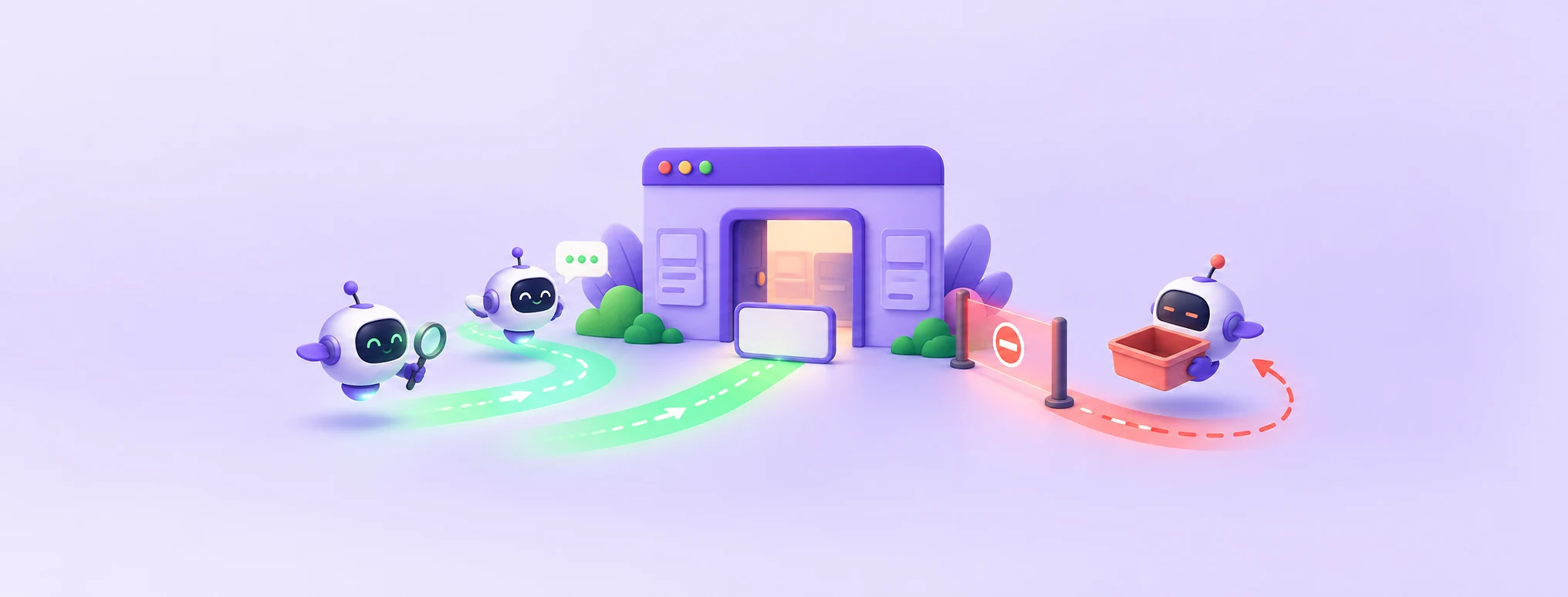 Three small robot drones approaching a website; the search drones pass on green paths while a page-collecting drone is stopped at the door, illustrating robots.txt rules for AI crawlers.