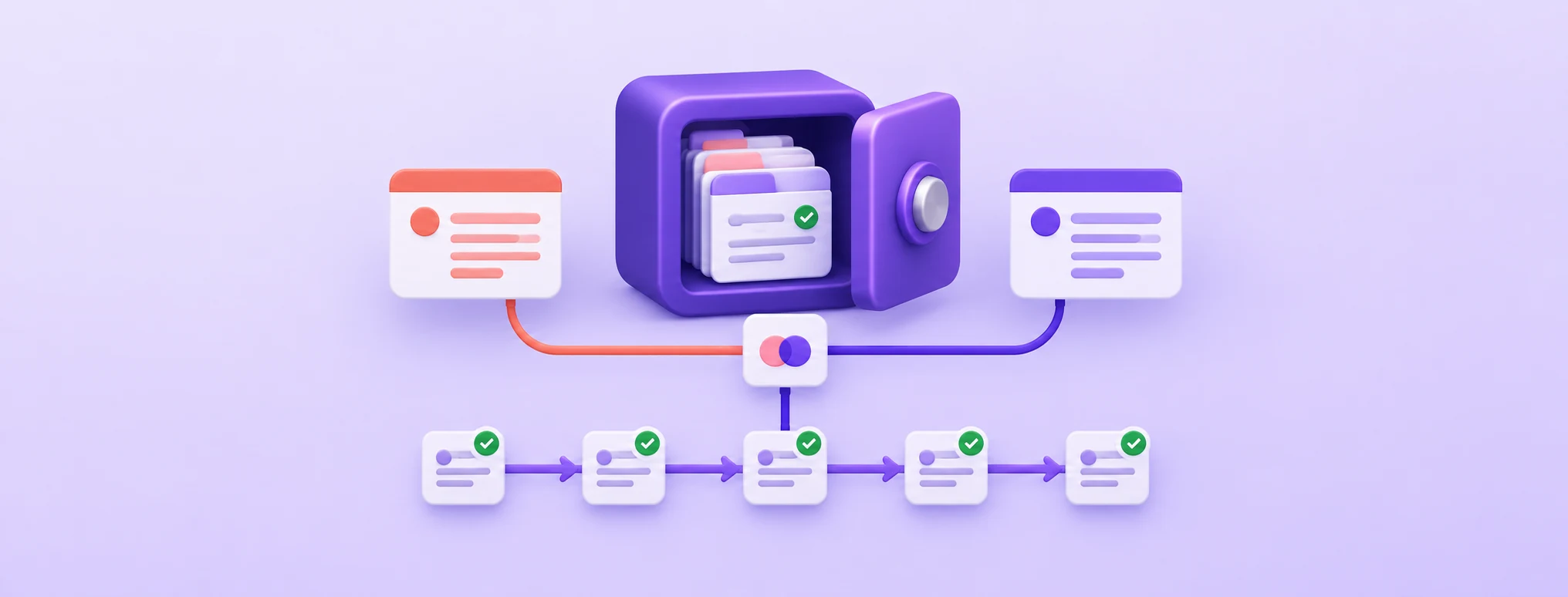 Illustration of memory records, conflicting claims, and a linked ledger for Hikmah Stack