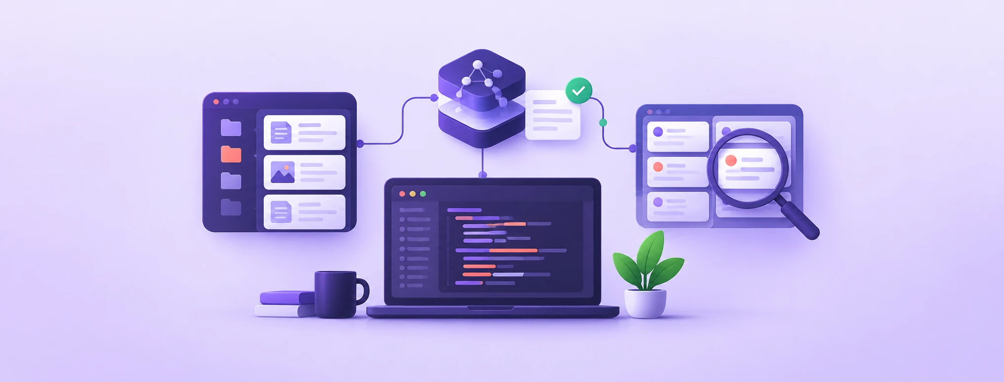 Illustration of a developer workspace connecting code, project memory, and review tools
