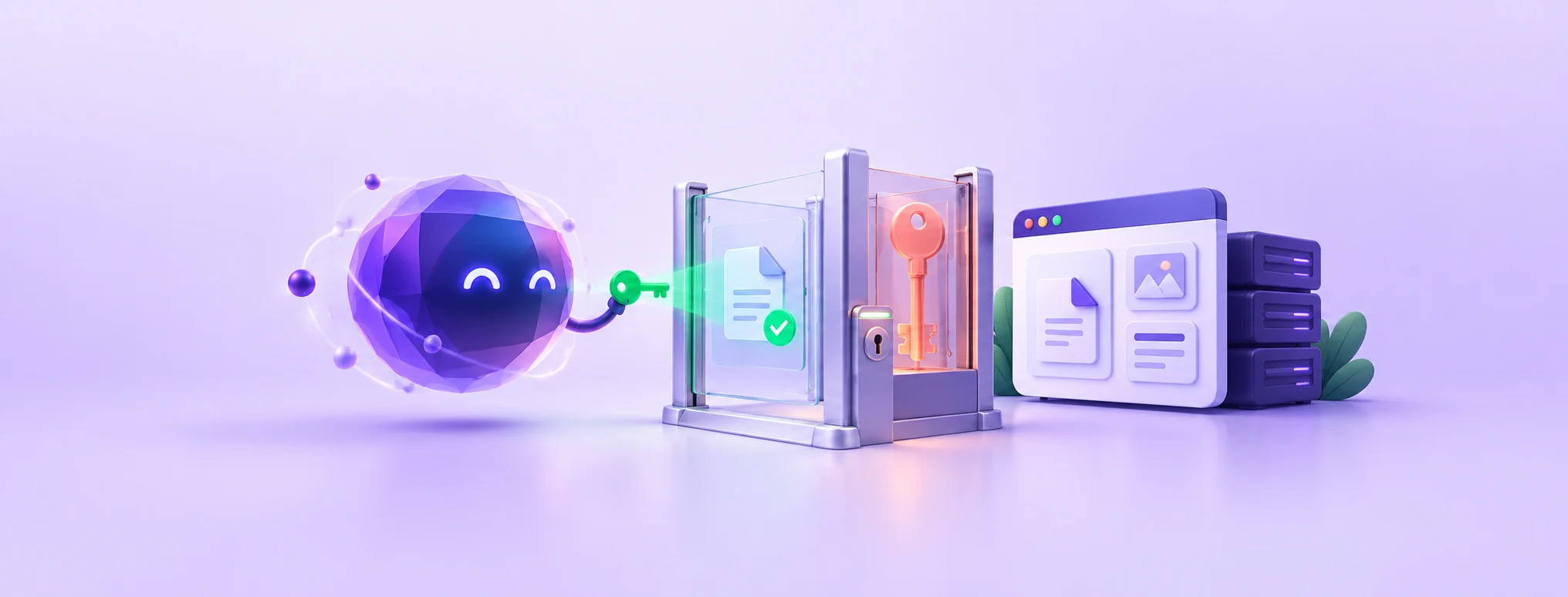 An AI assistant receives a small access key while a website master key stays locked away