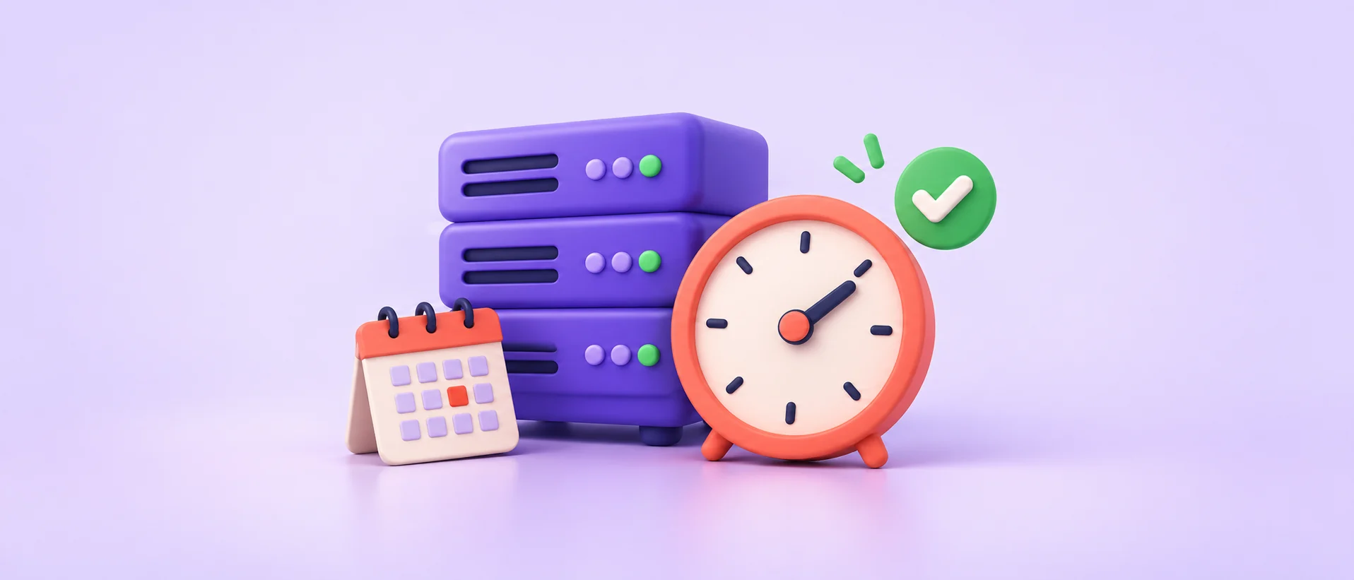 Purple server, coral clock and calendar illustrating an independent WordPress cron trigger.