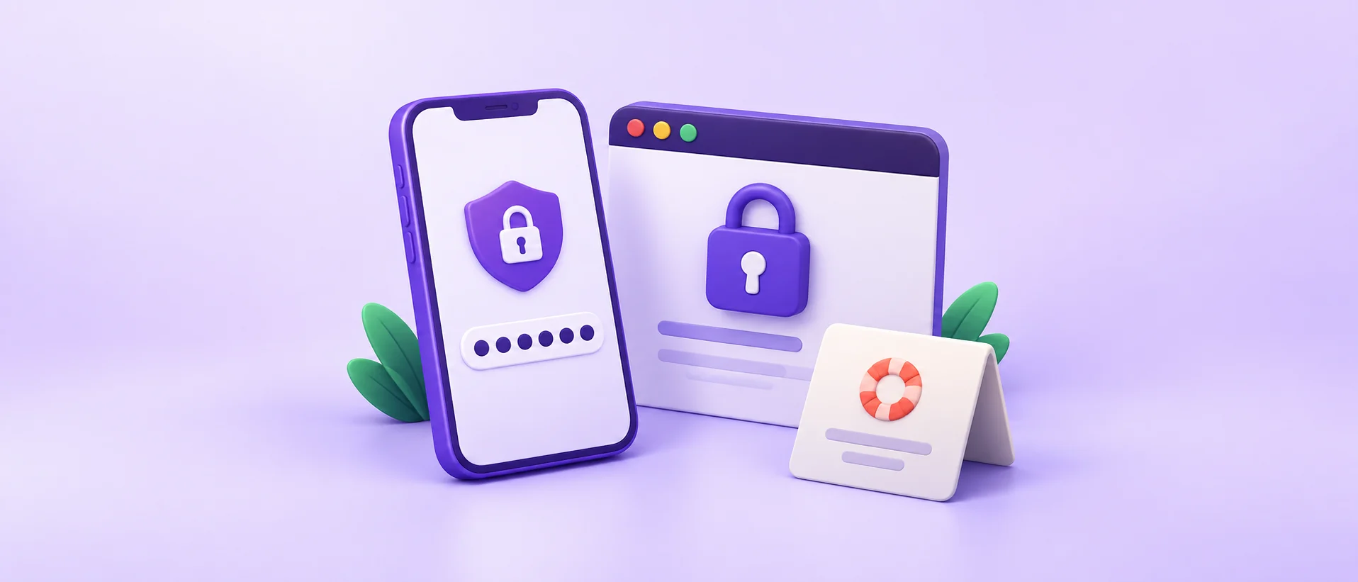 Authenticator phone beside a locked website window and a separate recovery card.