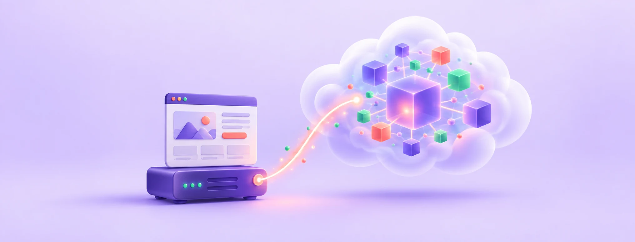 A small website and hosting server connect to a large AI model in a separate cloud through an API.