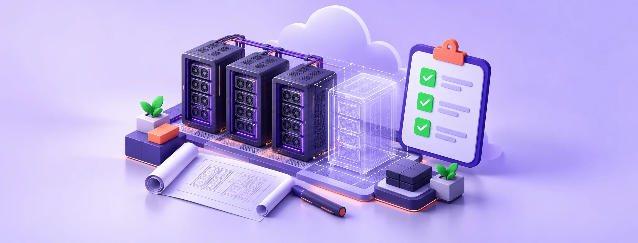Illustrated GPU server racks, an architectural outline and a checklist representing plans for a future cloud deployment.