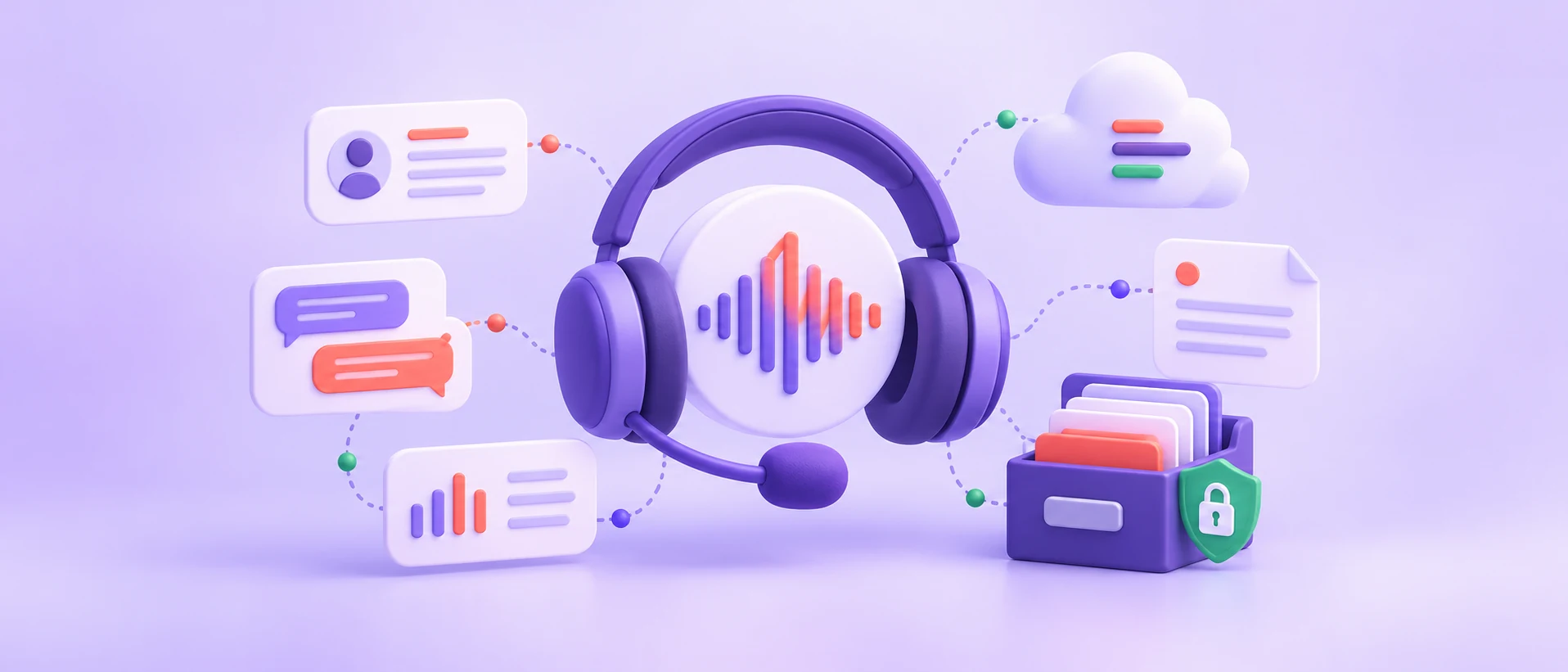 Conceptual illustration of a customer-service headset surrounded by transcript cards, a cloud and a secure archive.