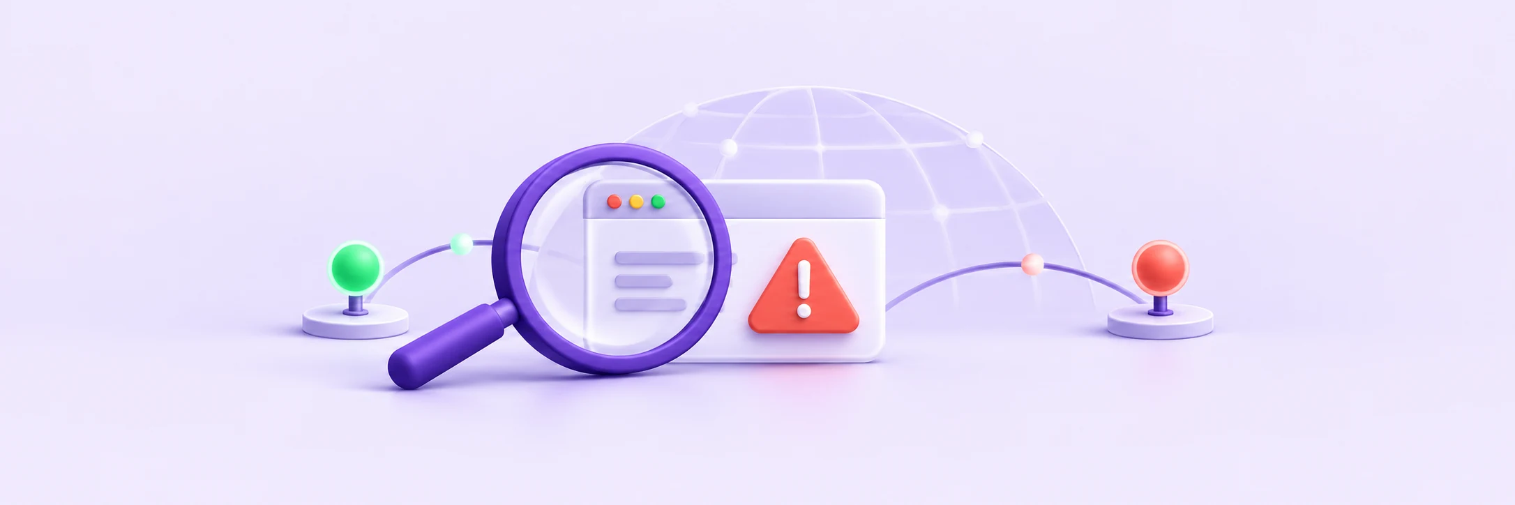 Purple magnifying glass inspecting a browser warning, with green and coral network nodes on a lavender background.