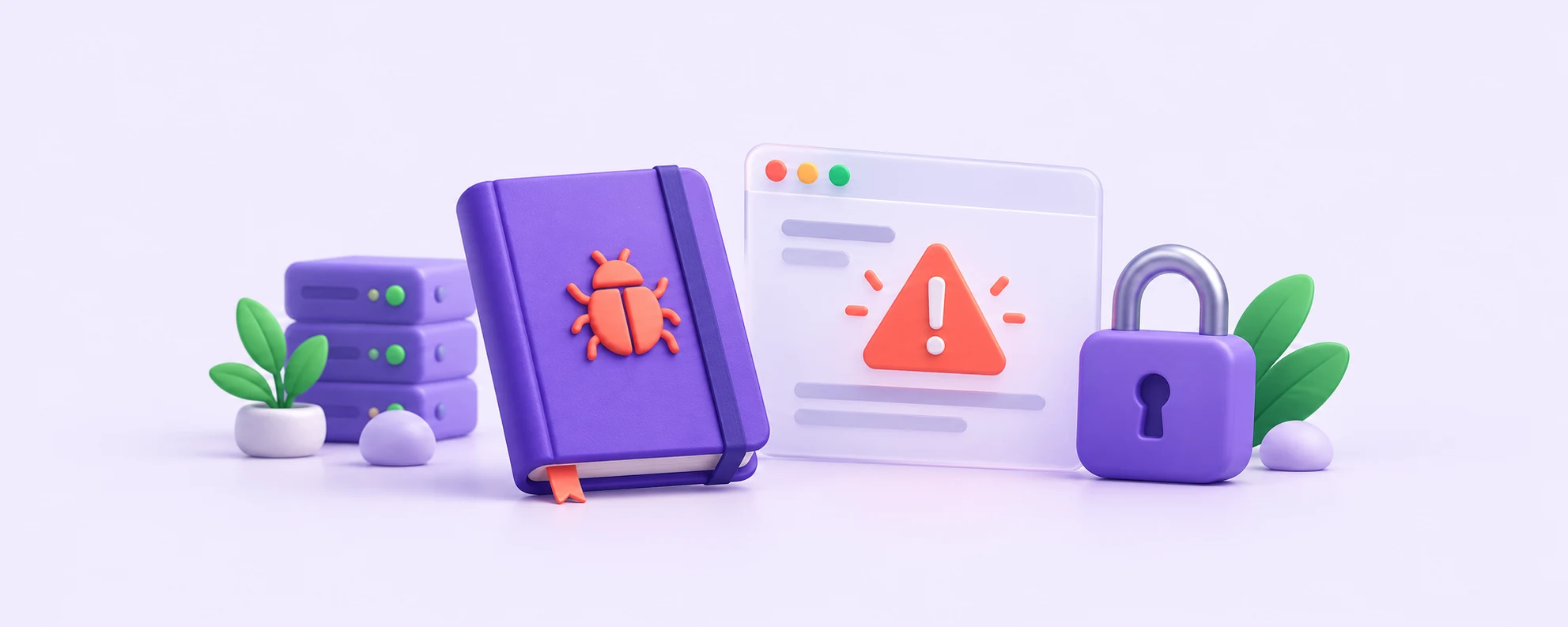 Purple error notebook and browser warning beside a closed padlock on a lavender background.