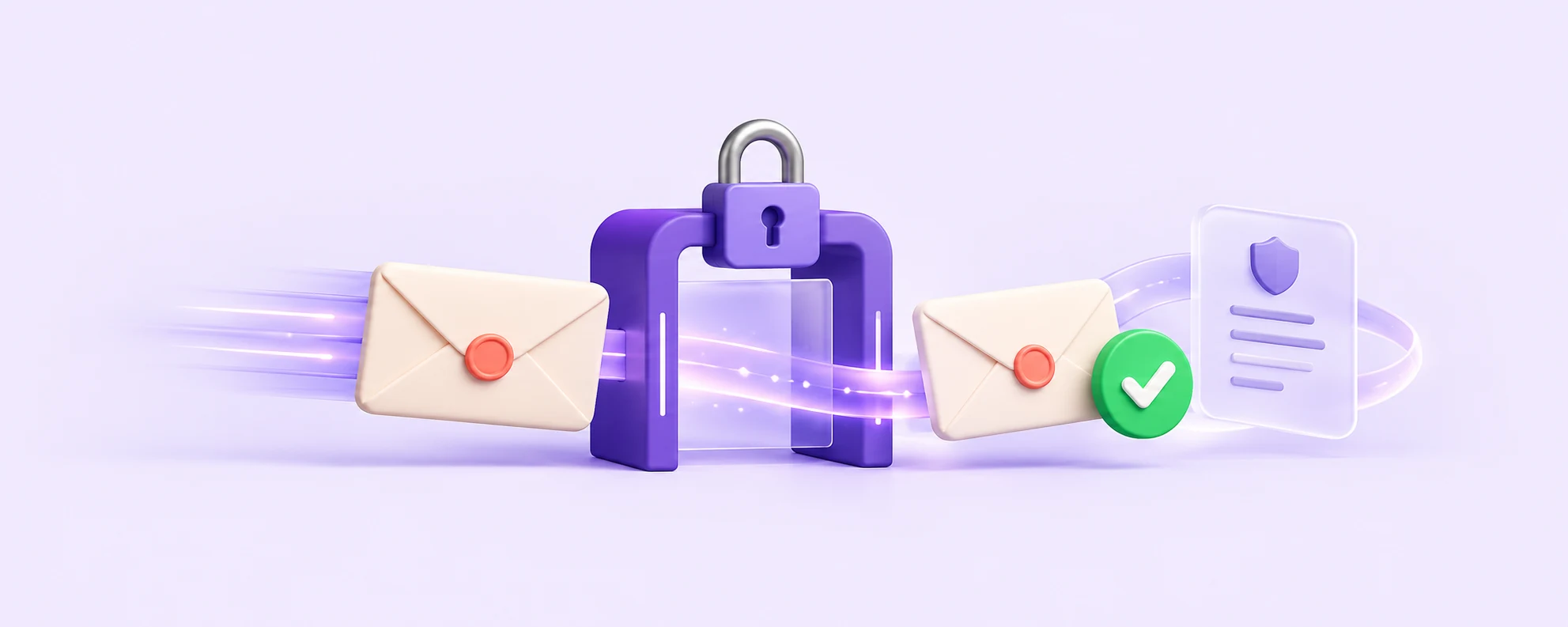 Envelopes passing through a purple locked gate beside a green check and policy card.