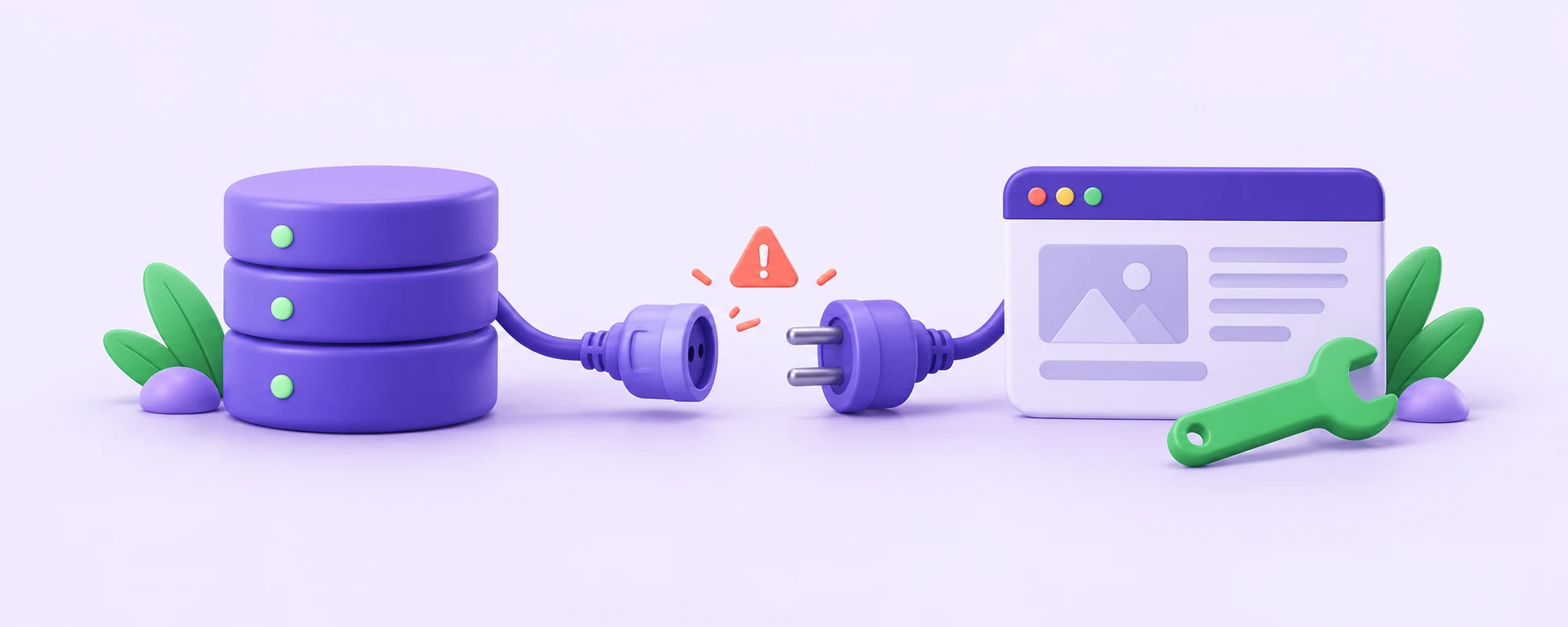 Purple database and browser separated by disconnected cable plugs, with a coral warning and green repair tool.