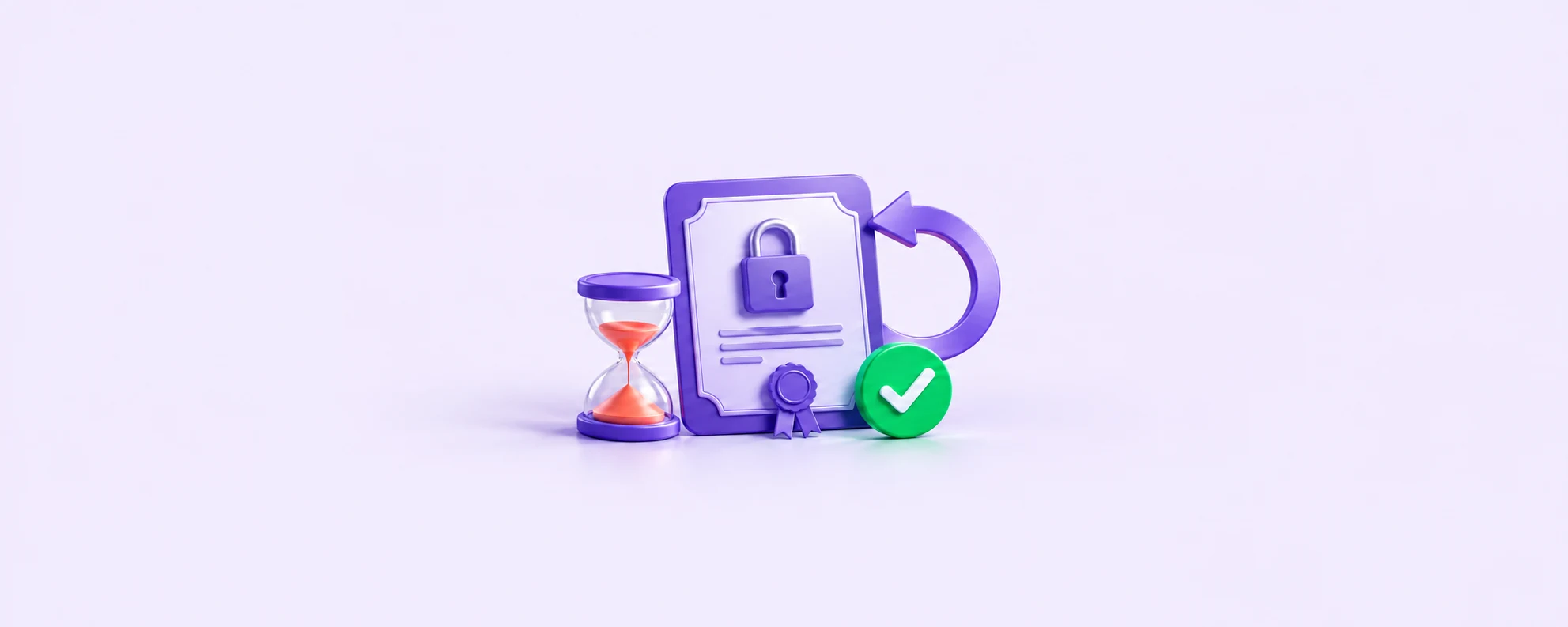 Purple certificate card with a closed padlock, hourglass, renewal arrow and green confirmation tick.