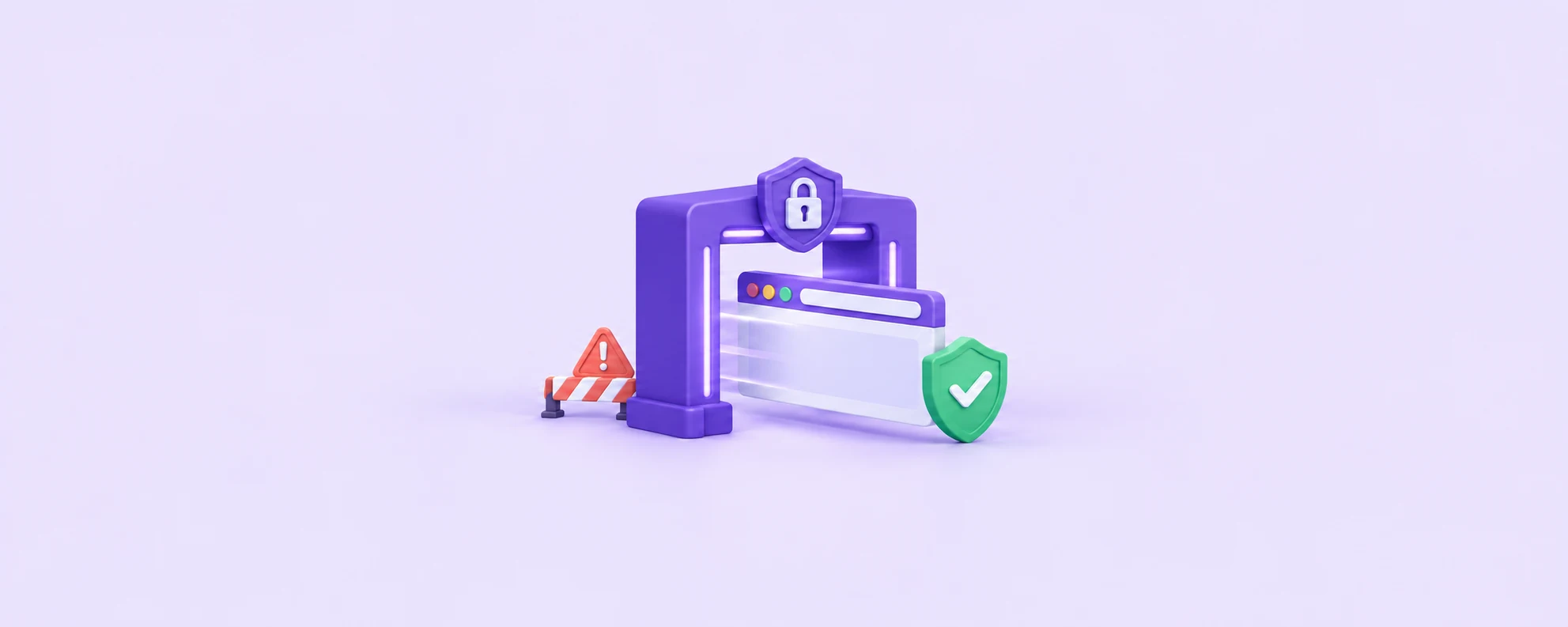 Browser window passing through a purple security gate beside a green shield and a coral caution sign.