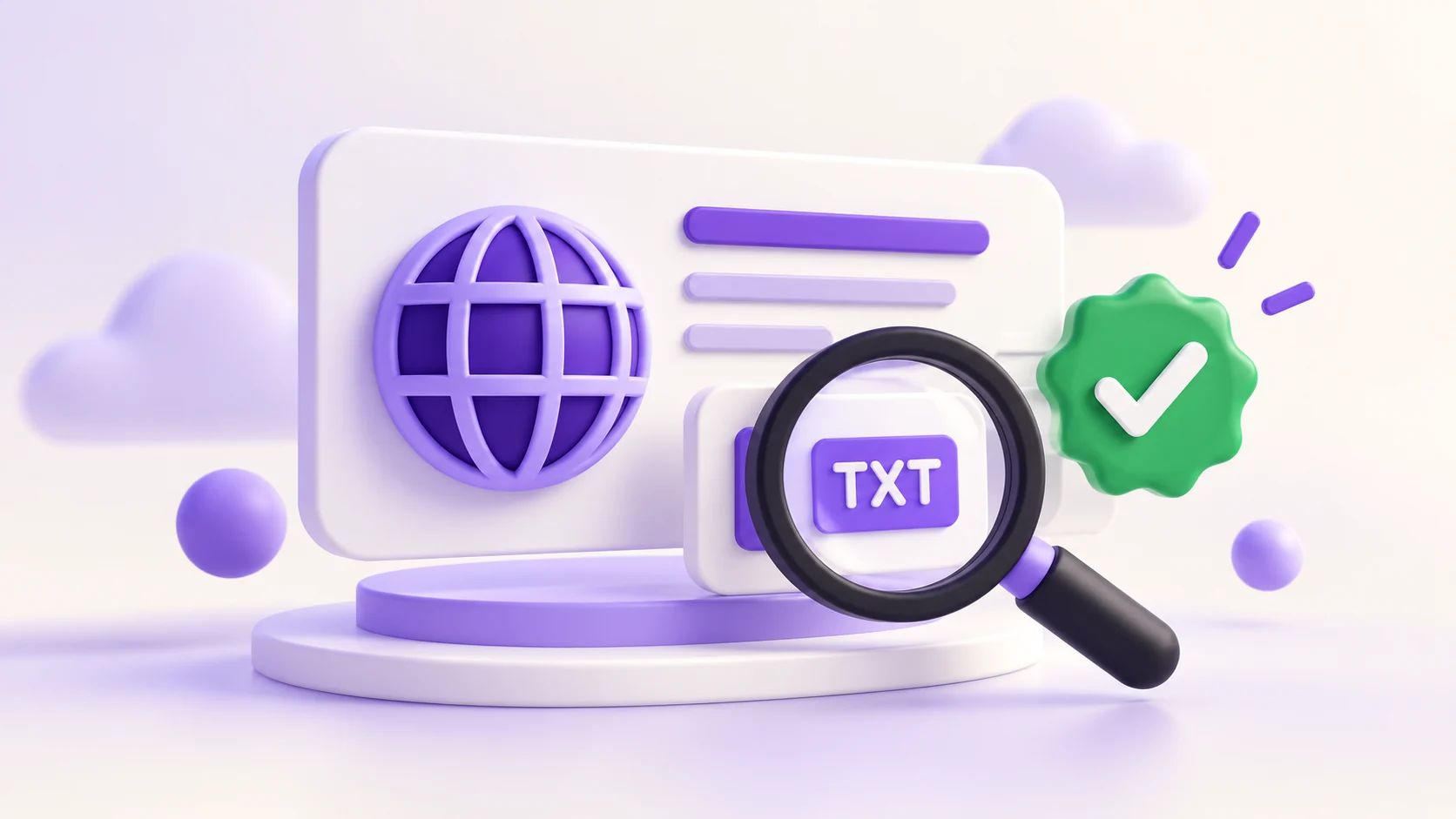 Purple globe and TXT record card under a magnifying lens beside a green verification check.
