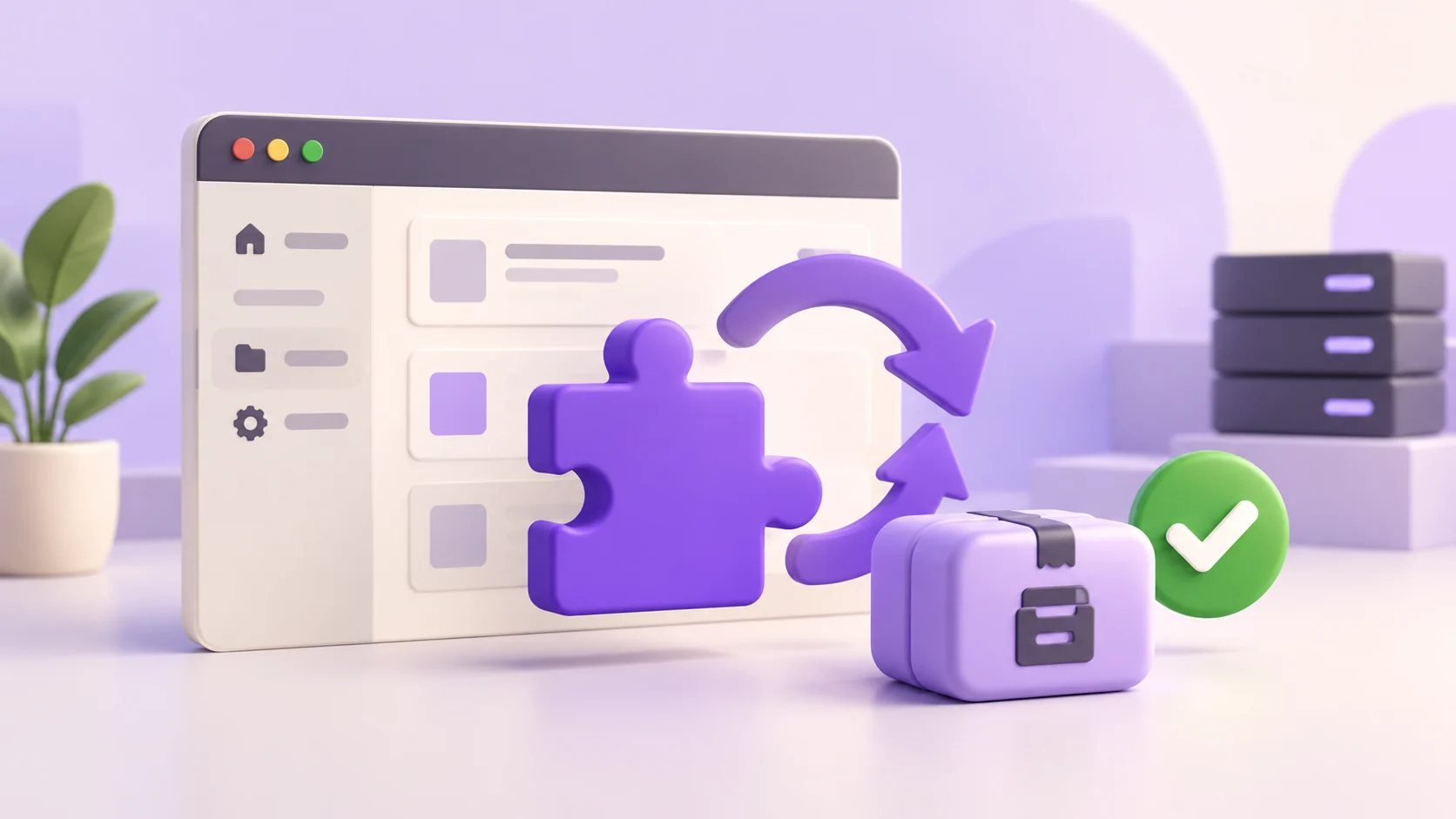 Purple plugin puzzle piece, update arrows and a separate backup capsule beside a green check.