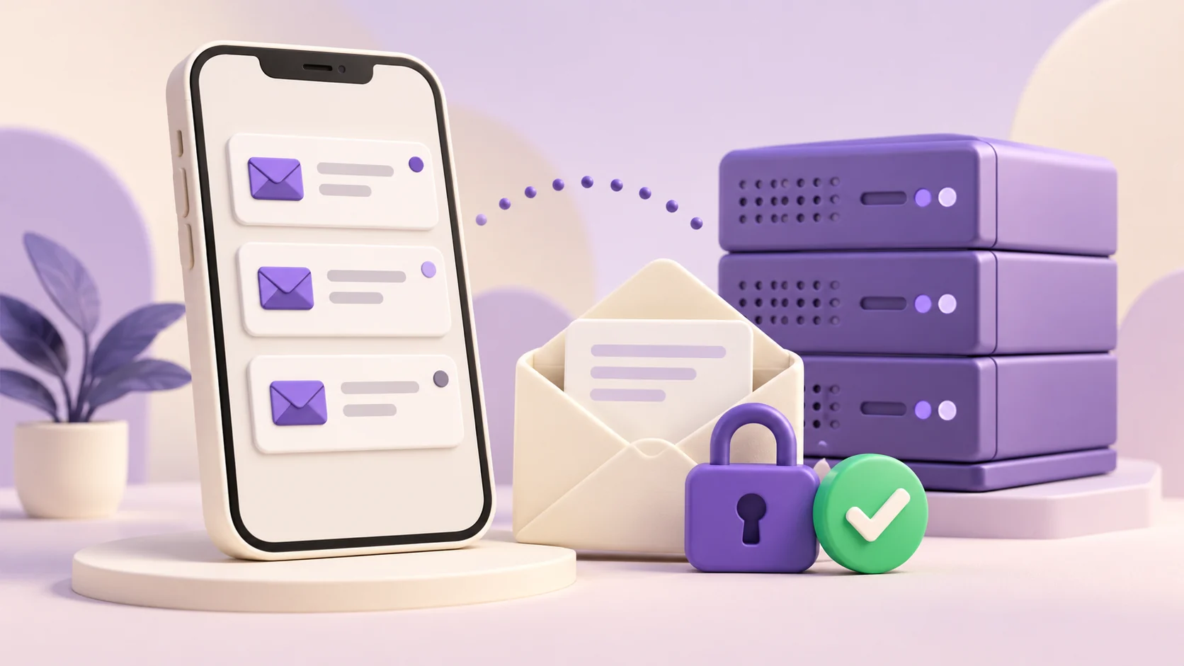 Phone showing mail cards beside a purple mail server, envelope, lock and green confirmation check.