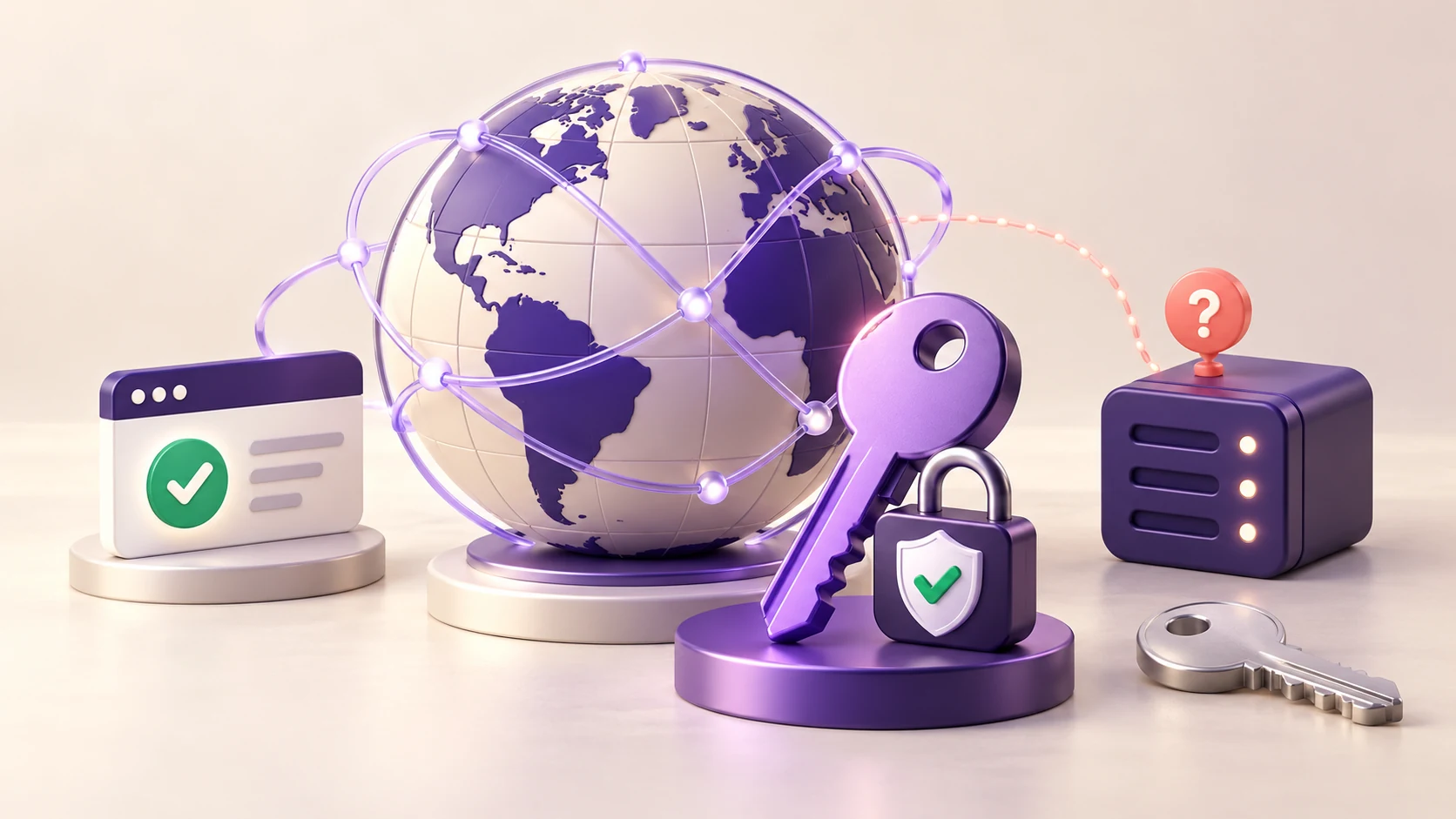 A new purple key and verified lock beside a globe, a healthy browser card and a resolver with a question mark.
