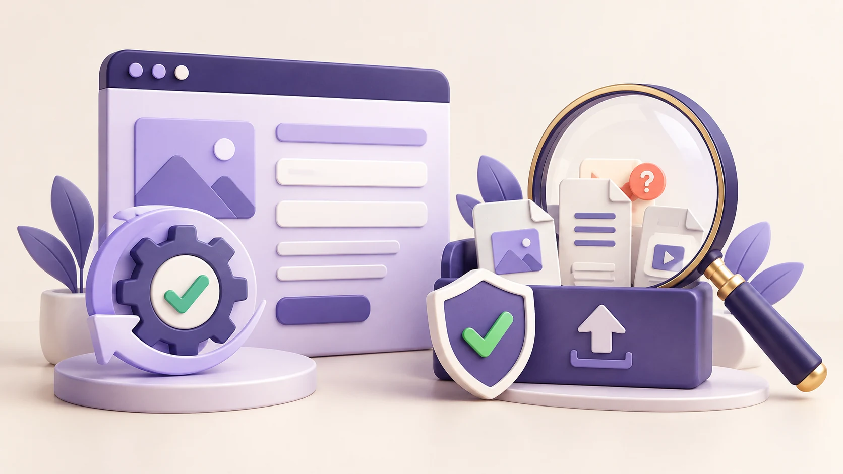 A verified update gear beside a website form and a shielded upload tray examined through a magnifying glass.